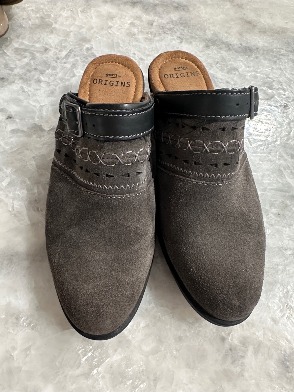 Earth Origins women’s Gray Suede Slip-On Clog with Black Buckle Strap